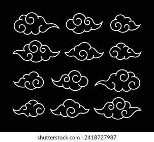 Chinese cloud oriental flat design element collection. Outline icon on isolated black background. Vector illustration EPS.