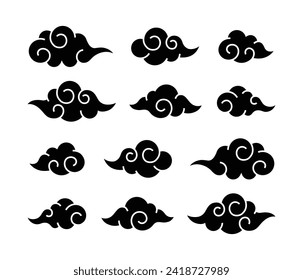 Chinese cloud oriental flat design element collection. Filled silhouette style icon on isolated black background. Vector illustration EPS.