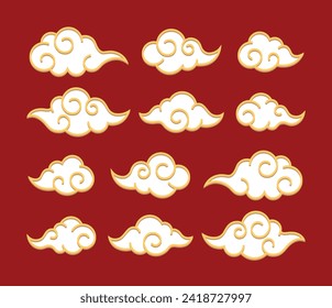 Chinese cloud oriental flat design element collection. Golden outline  silhouette style icon on isolated red background. Vector illustration EPS.