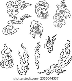 Chinese cloud vector for coloring book and printing on white background.Traditional Japanese culture element for tattoo design and idea.Fire vector for T-shirt.