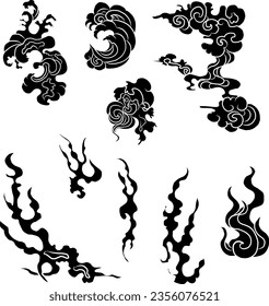 Vector de nube chino para colorear libros e imprimir sobre fondo blanco. Elemento cultural japonés tradicional para el diseño y la idea de tatuajes. Vector de fuego para camisetas.