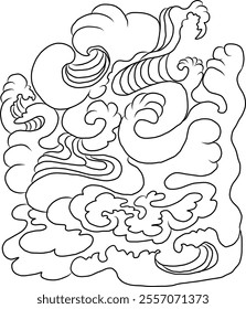 Vector de nube chino para colorear libro e imprimir sobre fondo blanco. Elemento de cultura tradicional japonesa para diseño e idea de tatuaje. Ilustración de nube y onda. Arte de Clip. Vector dibujado a mano.