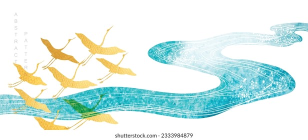 Chinese cloud and waeter decorations with blue and gold watercolor texture in vintage style. Abstract art landscape with Crane birds and ocean sea with hand drawn wave elements