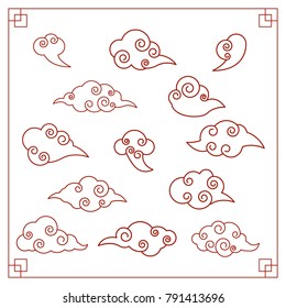 Chinese clouds. Collection of decorative clouds in Chinese style. Outline Vector illustation.