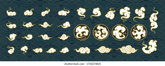 Chinese clouds collection. Oriental style and cloud in circle Shape symbol and various shape vector set isolated on Chinese waves seamless background.