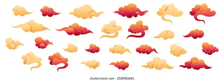 Chinese clouds collection. Red and gold clouds in oriental style. Design japanese elements set. Asian traditional cloudy ornaments. Decorative sky on isolated white background. Vector illustration.