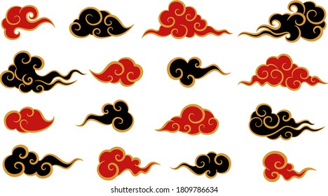 Chinese clouds. Colorful set red and black clouds. Festive decoration design element of traditional holiday greetings, invitations, posters and calendars. Isolated. Vector illustration