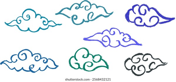 Chinese Clouds Crayon Chalk Drawing Vector Set