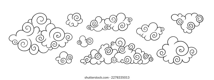 Chinese clouds in curly style. Decorative asian clouds for festive designs. Vector illustration isolated in white background