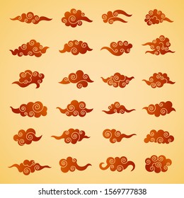 Chinese clouds. Graphic symbols in oriental style asian traditional objects vector set