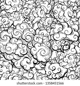 Las nubes chinas dibujan un patrón sin fisuras vectoriales dibujado a mano. decoración textil japonesa de estilo oriental. El contorno dorado gira, el fondo de los rizos. Fondo de postales para vacaciones tradicionales asiáticas, papel de envolver