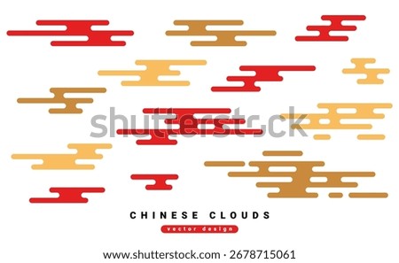 Chinese clouds icon set. Fog pattern, china line ornament, red gold background. Abstract flat cartoon geometric texture. Vector illustration. Asian Japanese elements. Korean smoke oriental style