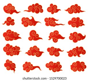 Chinese clouds. Korean or japanese red and golden cloud decorative set. Traditional asian vector isolated graphics in oriental style