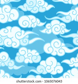 Chinese clouds pattern. Blue swirl asian wave cloud sky background, japanese clouds seamless pattern