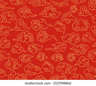 Chinese clouds pattern. Traditional asian ornament. Red decorative swirling sky cloud in japanese style vector seamless fabric texture