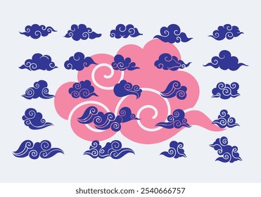 Chinese clouds set icon sign and symbol vector illustration. Line art, Japanese, asian traditional style element isolated.