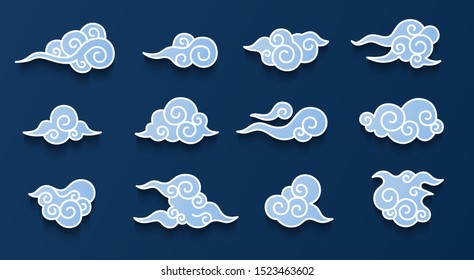 Chinese clouds set isolated on a blue background. Simple cute cartoon design. Modern icon or logo collection. Realistic elements. Flat style vector illustration.