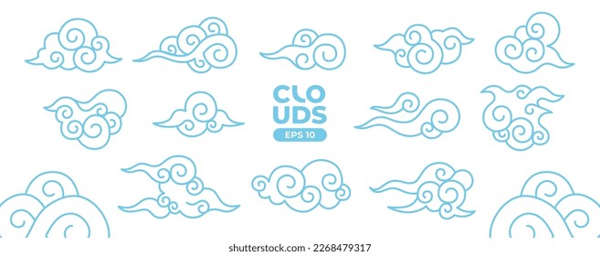 Chinese clouds set isolated on a white background. Line art. Japanese, asian traditional style elements. Signs and icons collection. Blue color. Simple cartoon design. Flat style vector illustration.