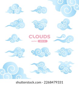 Chinese clouds set isolated on a white background. Japanese, Korean, asian traditional style elements. Signs and icons collection. Blue color. Simple cartoon design. Flat style vector illustration.