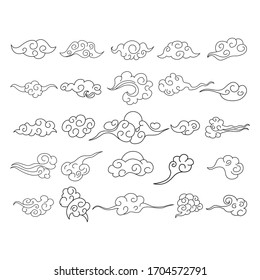Las nubes chinas firman un icono de línea delgada negro establece símbolo decorativo oriental tradicional o elemento de adorno. Ilustración vectorial de la nube