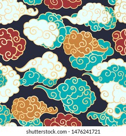 Chinese clouds smoke vector seamless pattern. Japanese, oriental style textile ornament. Golden outline swirls, curls background. Colored Asian traditional holidays postcard backdrop, wrapping texture