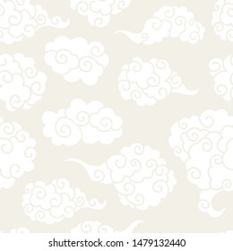 Chinese clouds smoke vector seamless pattern. Japanese, oriental style textile ornament. Golden outline swirls, curls background. Colored Asian traditional holidays postcard backdrop, wrapping texture