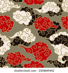 Chinese clouds smoke vector seamless pattern. Japanese, oriental style textile ornament. Golden outline swirls, curls background. Colored Asian traditional holidays postcard backdrop, wrapping texture