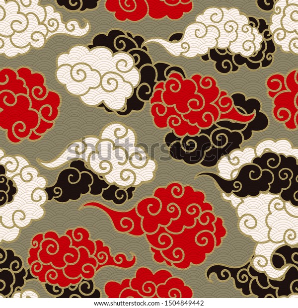 中国の雲はシームレスなベクター画像の煙です 和風の東洋風の織物装飾 カールした背景に金色の輪郭が渦巻き 色とアジアの伝統的な祝祭日のはがき背景 折り返しテクスチャー のベクター画像素材 ロイヤリティフリー