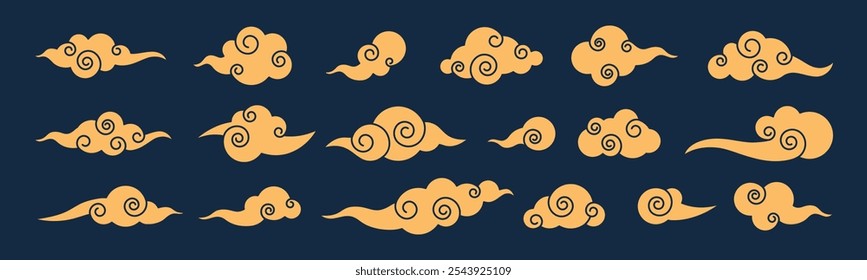 Nubes chinas. Ornamentos tradicionales chinos, coreanos y japoneses. Formas de nubes lineales en estilo oriental. Elementos de diseño de Vector