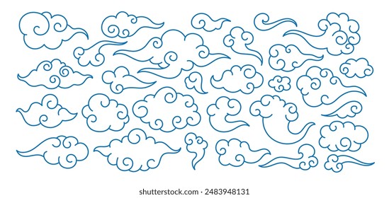 .Chinese clouds. Traditional oriental cloudy element. Cartoon Asian line clouds shape. China decorative festive and holiday ornaments. Swirl blue cloud sky. Doodle outline vector set