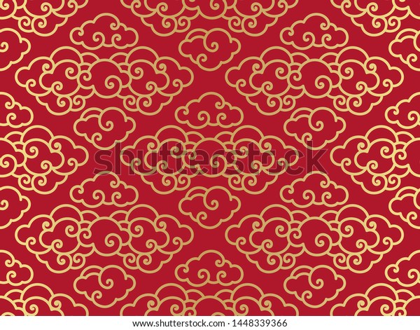 Chinese clouds traditional seamless\
background.Red and gold color. -\
Vector.