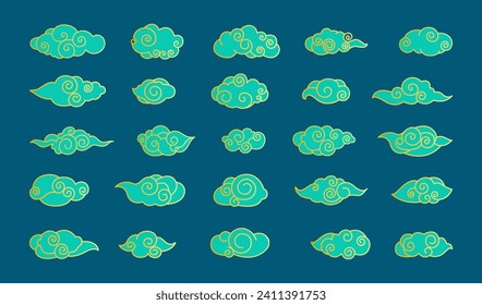 Ilustración vectorial de nubes chinas. Las nubes chinas transforman conceptualmente el cielo en una obra maestra ornamentada Cielos nublados se convierten en lienzo para la elegante decoración de la cultura del este asiático Las nubes tradicionales chinas bailan