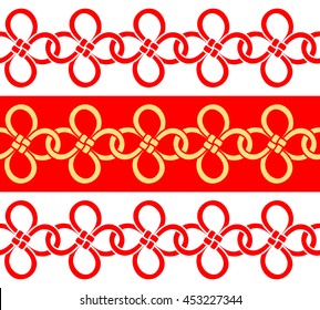 Chinese Clover Leaf Knot (good luck symbol) seamless border or pattern. Vector illustration.