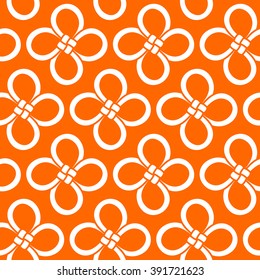 Chinese Cloverleaf knot seamless pattern. Hand-drawn. White knots isolated on bright orange background. Vector illustration.