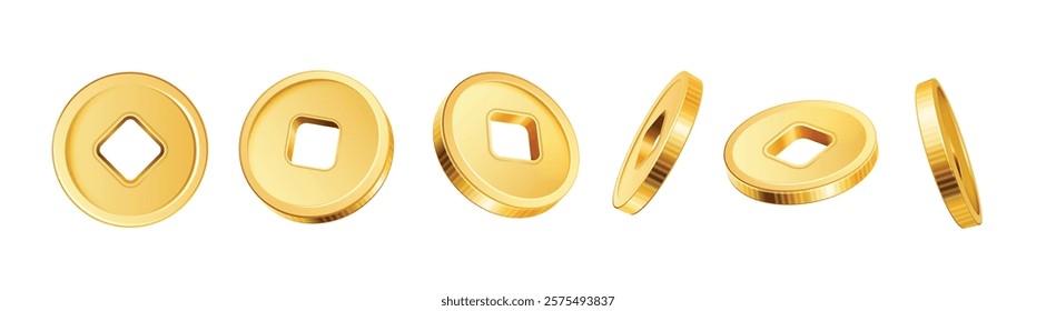 Chinese coin. 3D golden or bronze vintage coins with square hole in different positions, Chinese New Year element. Isolated Asian traditional gold money vector set.