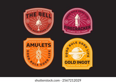 chinese coin, bell, gold ingot, firecrackers, firework, amulet, pendant retro badge logo vector design collection set for chinese new year festival decoration and merchandise