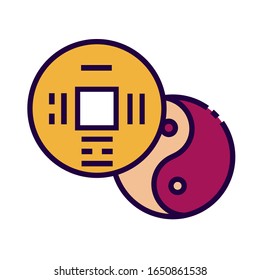 Chinese coin icon is in flat and pixel perfect style. Traditional symbol for web design. Magic vector icon for fortuneteller or astrology website. Isolated color object on a white background.