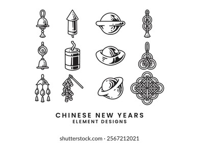 chinese coin pendants, gold ingots, bells, firecrackers vintage outline doodle illustration vector element design collection set for chinese new year festival decoration and merchandise