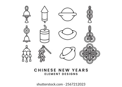 chinese coin pendants, gold ingots, bells, firecrackers outline icon symbol illustration vector element design collection set for chinese new year festival decoration and merchandise