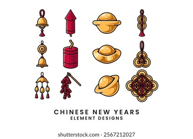 chinese coin pendants, gold ingots, bells, firecrackers colorful doodle illustration vector element design collection set for chinese new year festival decoration and merchandise