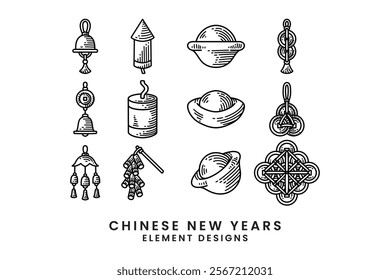 chinese coin pendants, gold ingots, bells, firecrackers engraving hand drawn line art illustration vector element design collection set for chinese new year festival decoration and merchandise