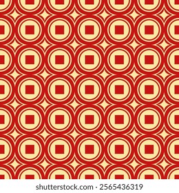 Chinese Coin seamless pattern. Traditional Asian background. Oriental red and gold tone design. Vector design for woven, wallpaper, background, wrapping paper, backdrop, fabric and textile.