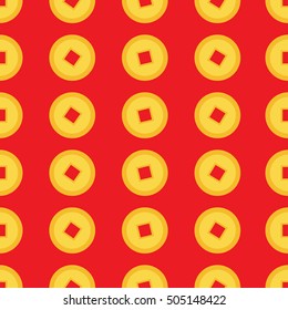 Chinese coin set. Seamless Pattern China gold money square centre. Golden coin with hole. Happy New Year symbol atribute. Red background. Flat design. Vector illustration.