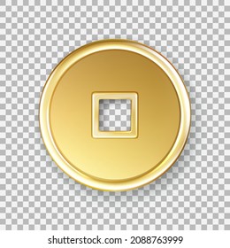 Moneda china. Dinero brillante de oro. Aislado sobre un fondo transparente. El símbolo mágico de la moneda oriental de oro tiene como objeto traer riqueza, fortuna, prosperidad, suerte y tesoro. Vector 3d realista