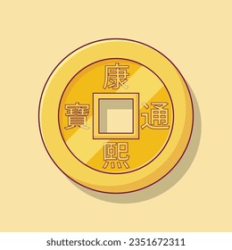 Chinese Coin Vector Icon Illustration with Outline for Design Element, Clip Art, Web, Landing page, Sticker, Banner. Flat Cartoon Style