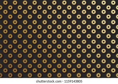Chinese coins, background seamless pattern. Texture asian shape of money in golden color.