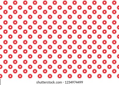 Chinese coins, background seamless pattern. Texture asian shape of money in red color.