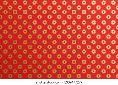Chinese coins, background seamless pattern. Texture asian shape of money in golden and red color.