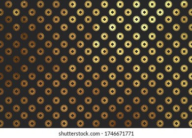 Chinese coins, background seamless pattern. Texture asian shape of money in golden color.