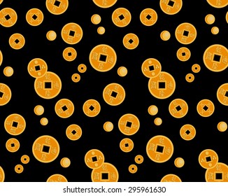 Chinese coins on black background, seamless pattern.